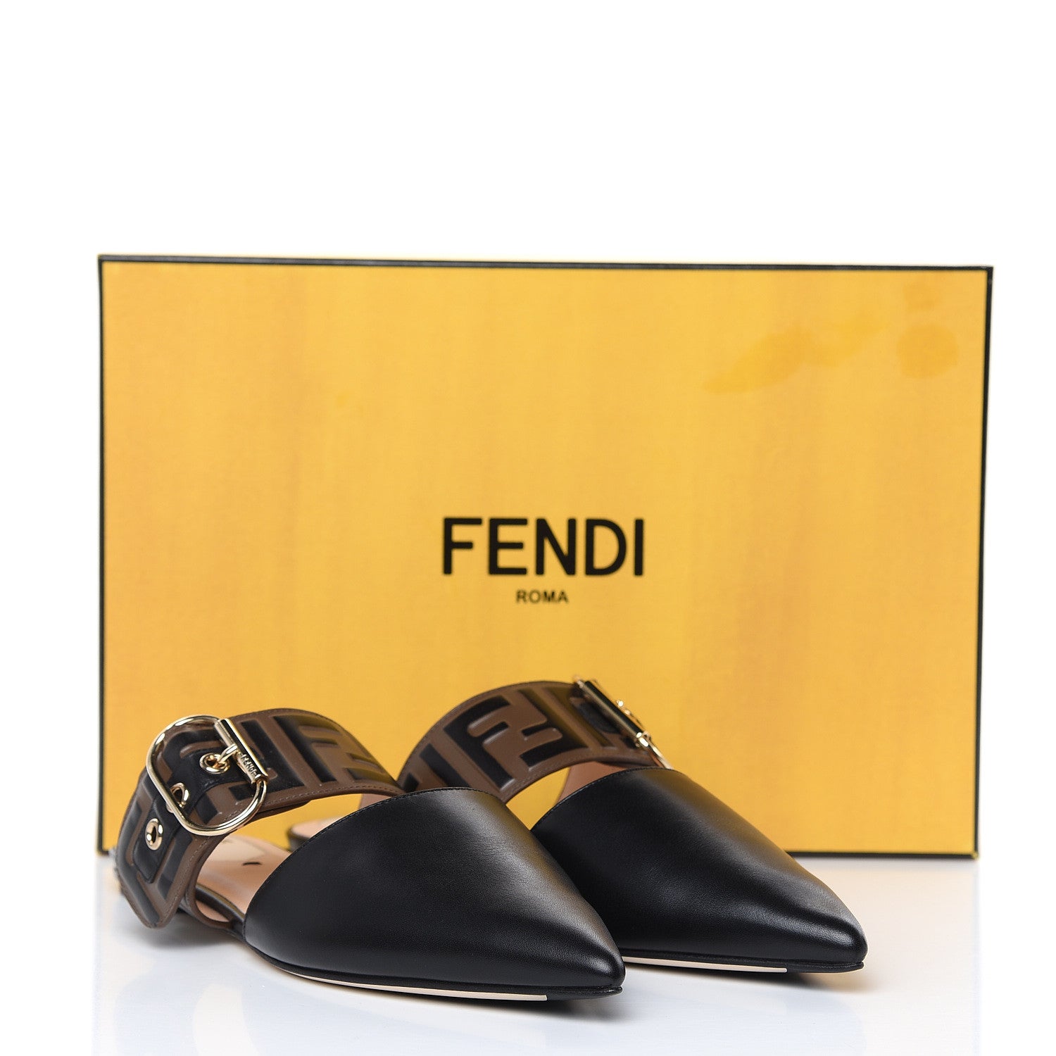 Fendi Vitello FF Embossed Buckle Flat Mules 37 Maya Black 8 of 8