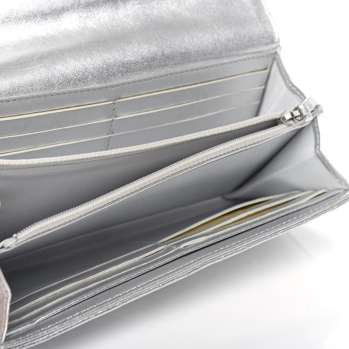 Metallic Lambskin Long Flap Wallet Silver