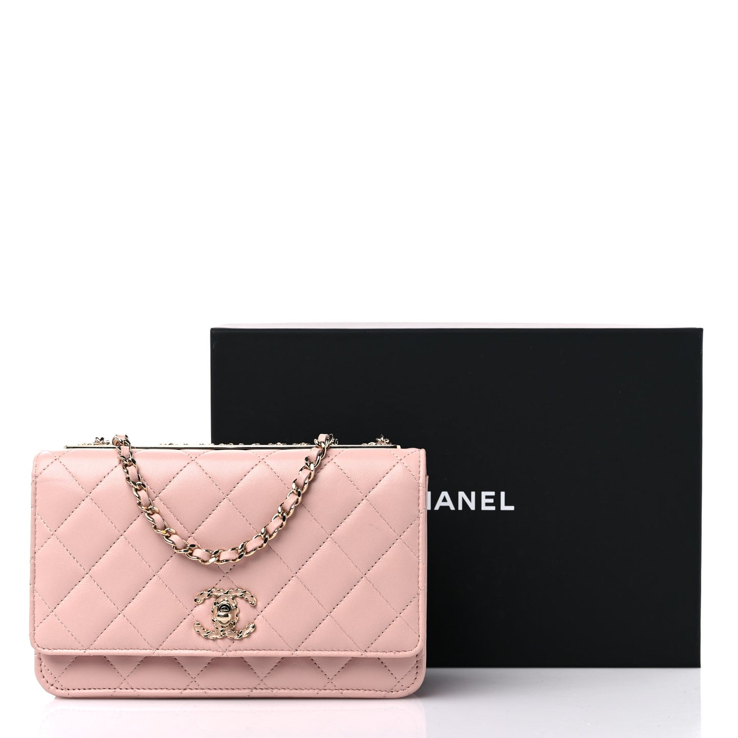 Lambskin Quilted Trendy Chain CC Wallet On Chain WOC Light Pink