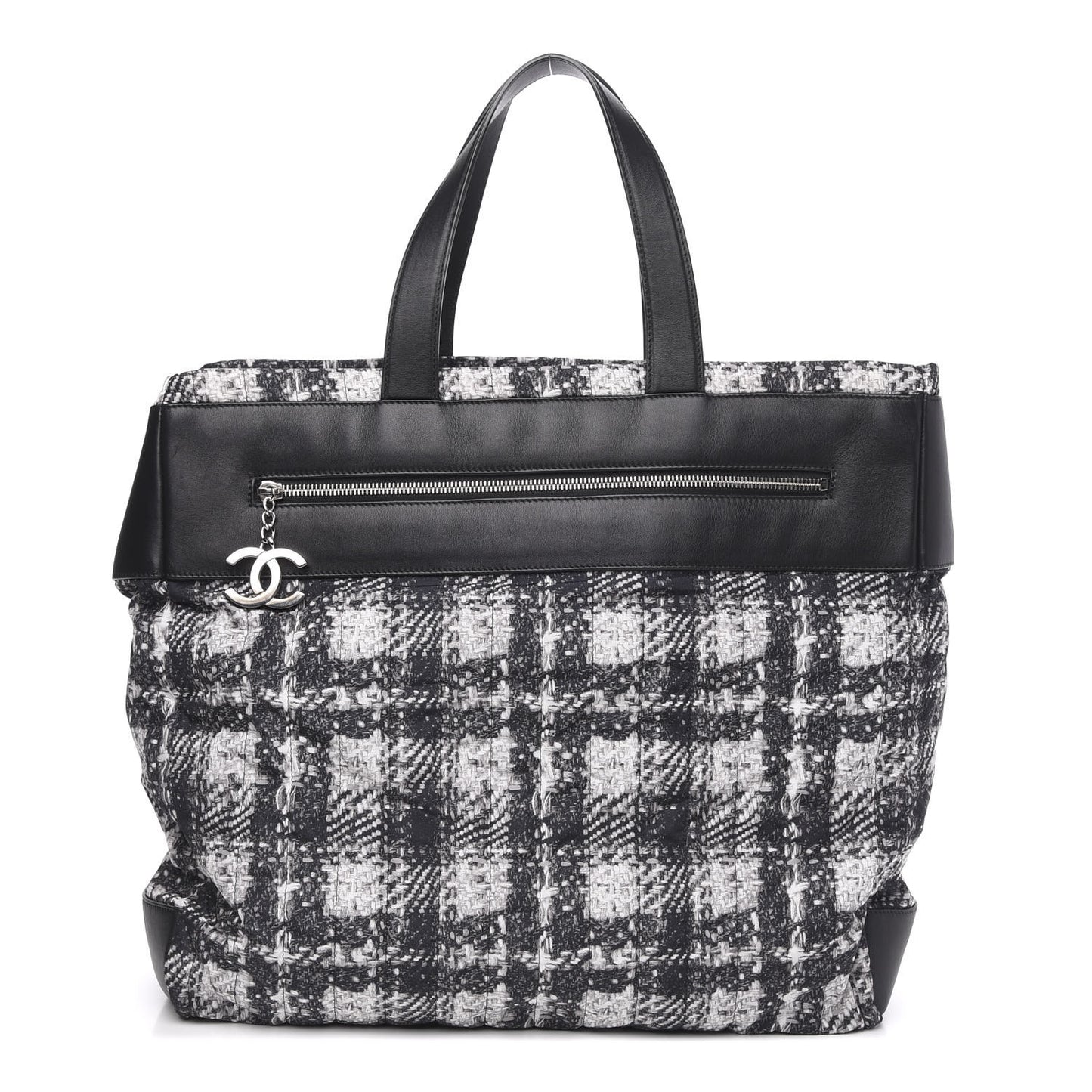 Lambskin Nylon Tweed Printed Tote Black White