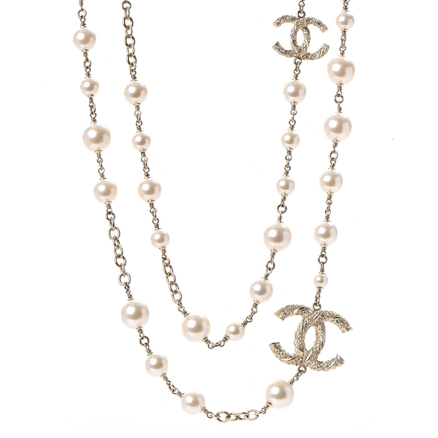 Chanel Graduated Pearl Crystal Twisted CC Long Necklace Gold 1 of 6
