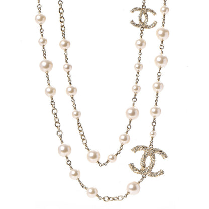 Chanel Graduated Pearl Crystal Twisted CC Long Necklace Gold 1 of 6