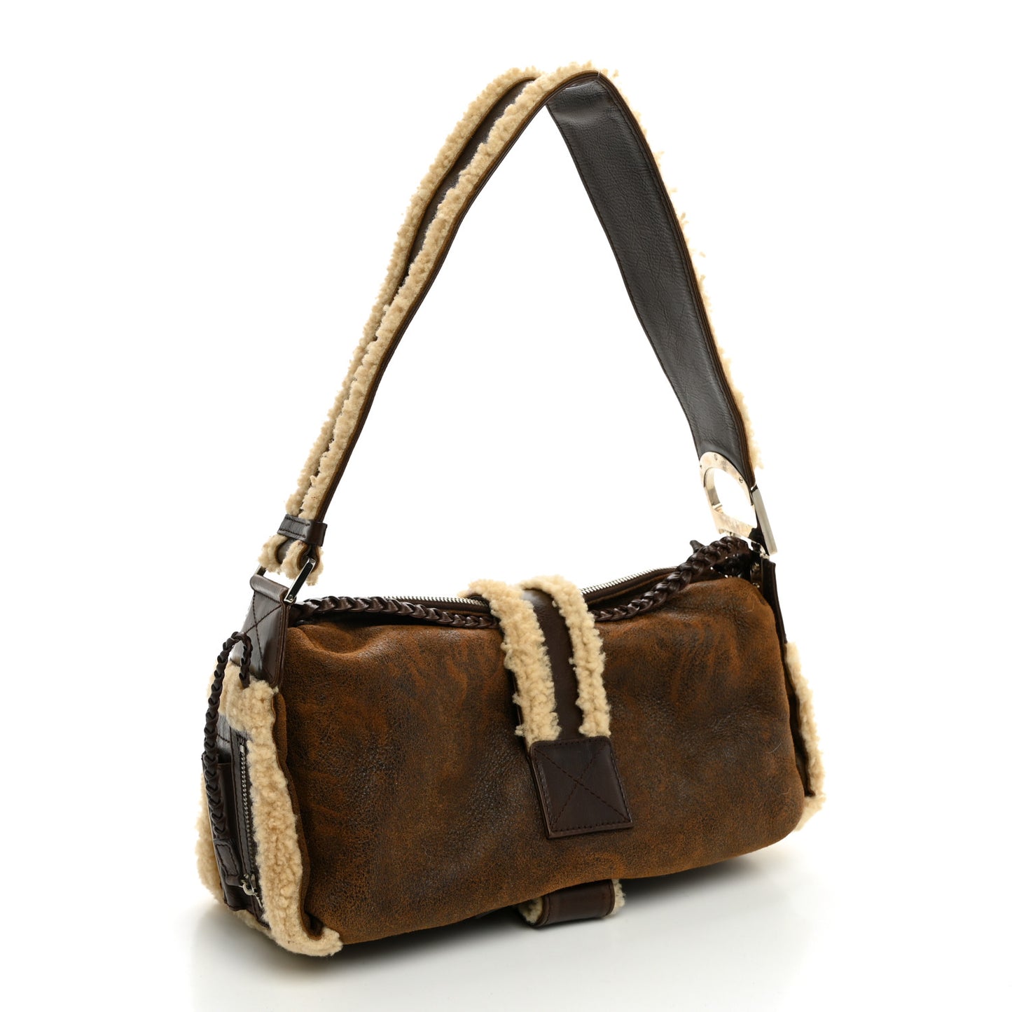 Suede Shearling Flight East West Bag Brown Beige