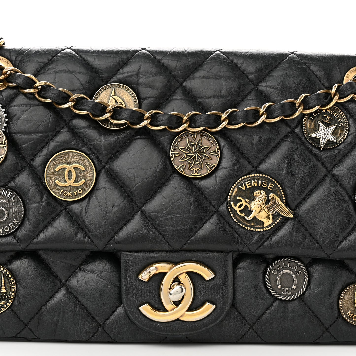 Aged Calfskin Quilted Medium Medallion Flap Black