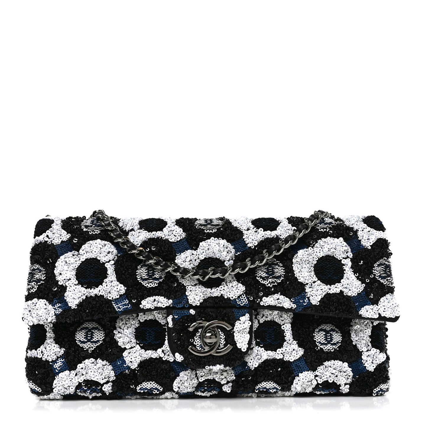Satin Sequin Embellished Flower East West Flap Black White Blue