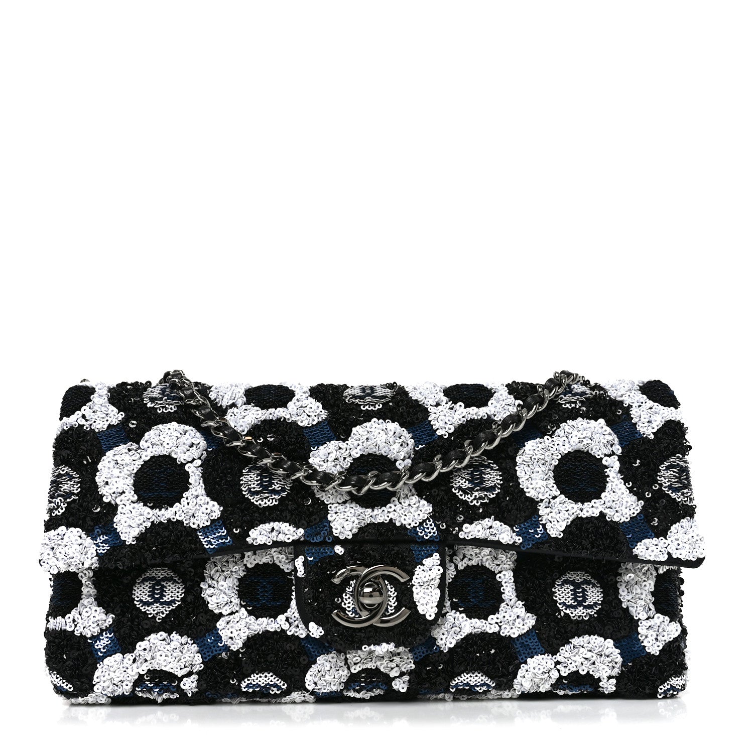Chanel Satin Sequin Embellished Flower East West Flap Black White Blue 1 of 10