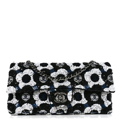 Chanel Satin Sequin Embellished Flower East West Flap Black White Blue 1 of 10