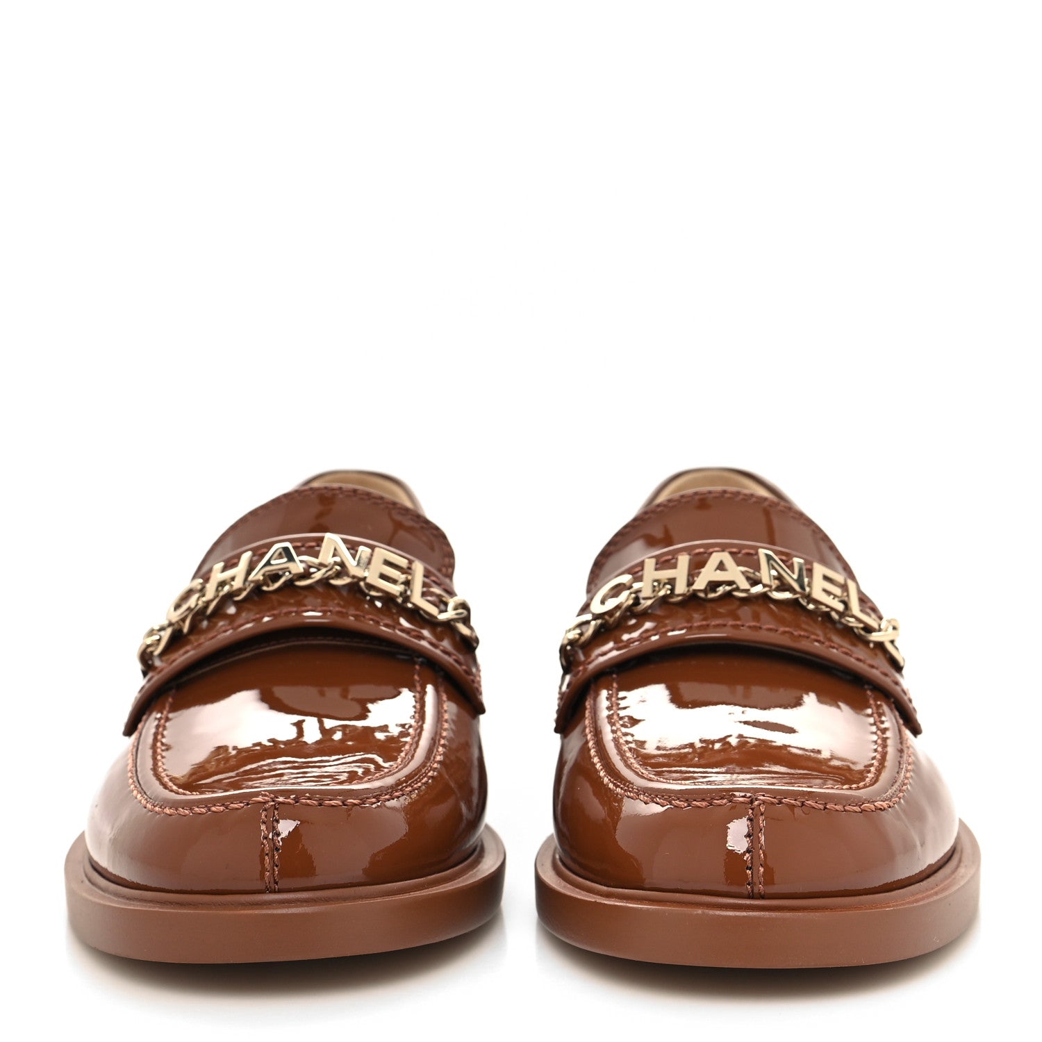 Chanel Shiny Calfskin Logo Loafers 38.5 Brown 2 of 8