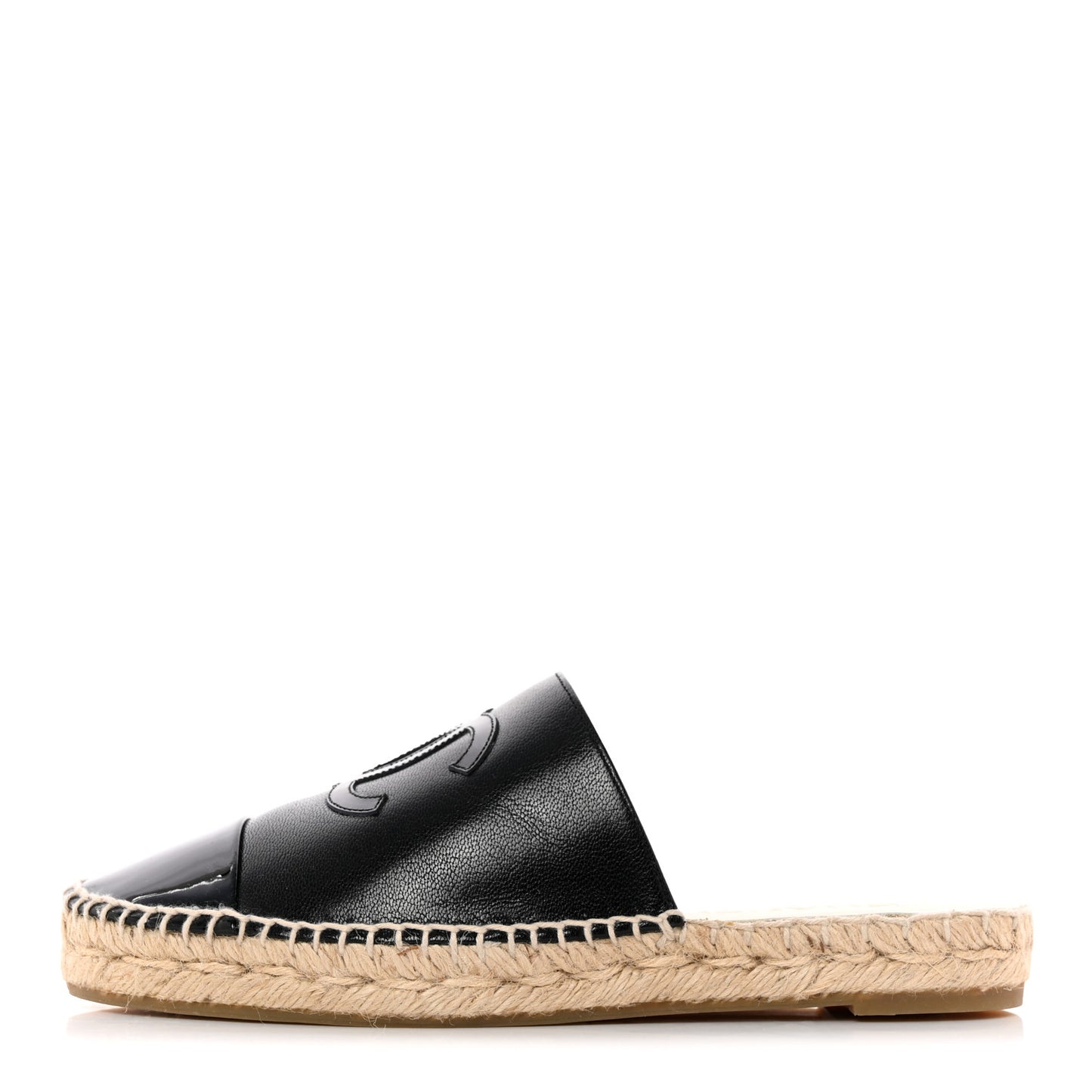Iridescent Goatskin Patent CC Espadrille Mules 37 Black