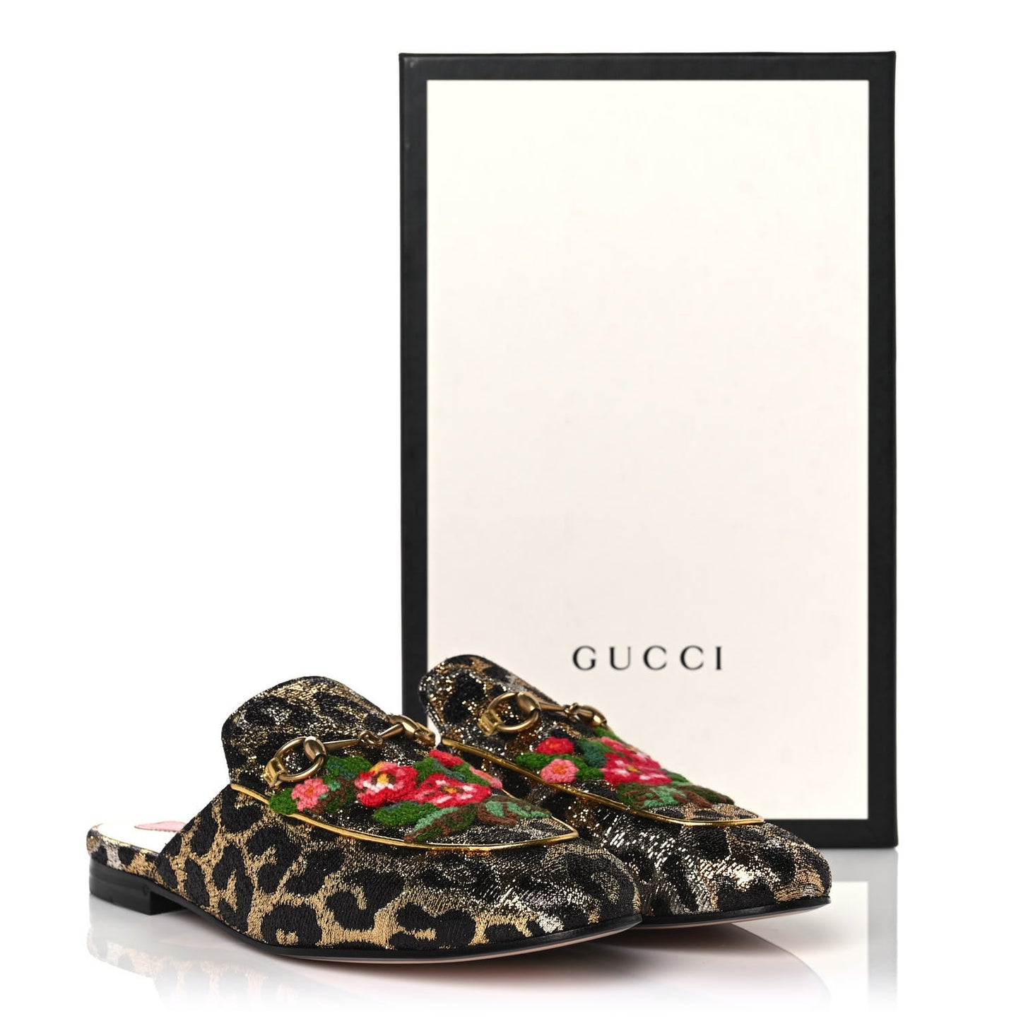 Lurex Jacquard Leopard Embroidered Womens Princetown Slippers 39.5 Black Gold