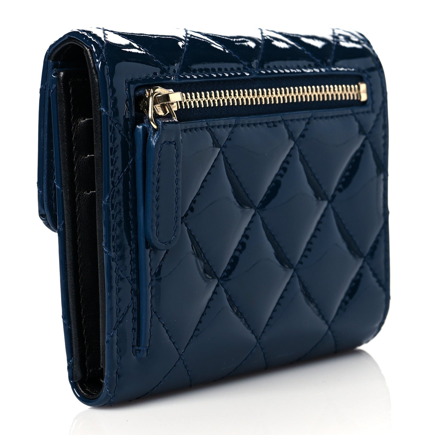Patent Quilted Compact Flap Wallet Navy