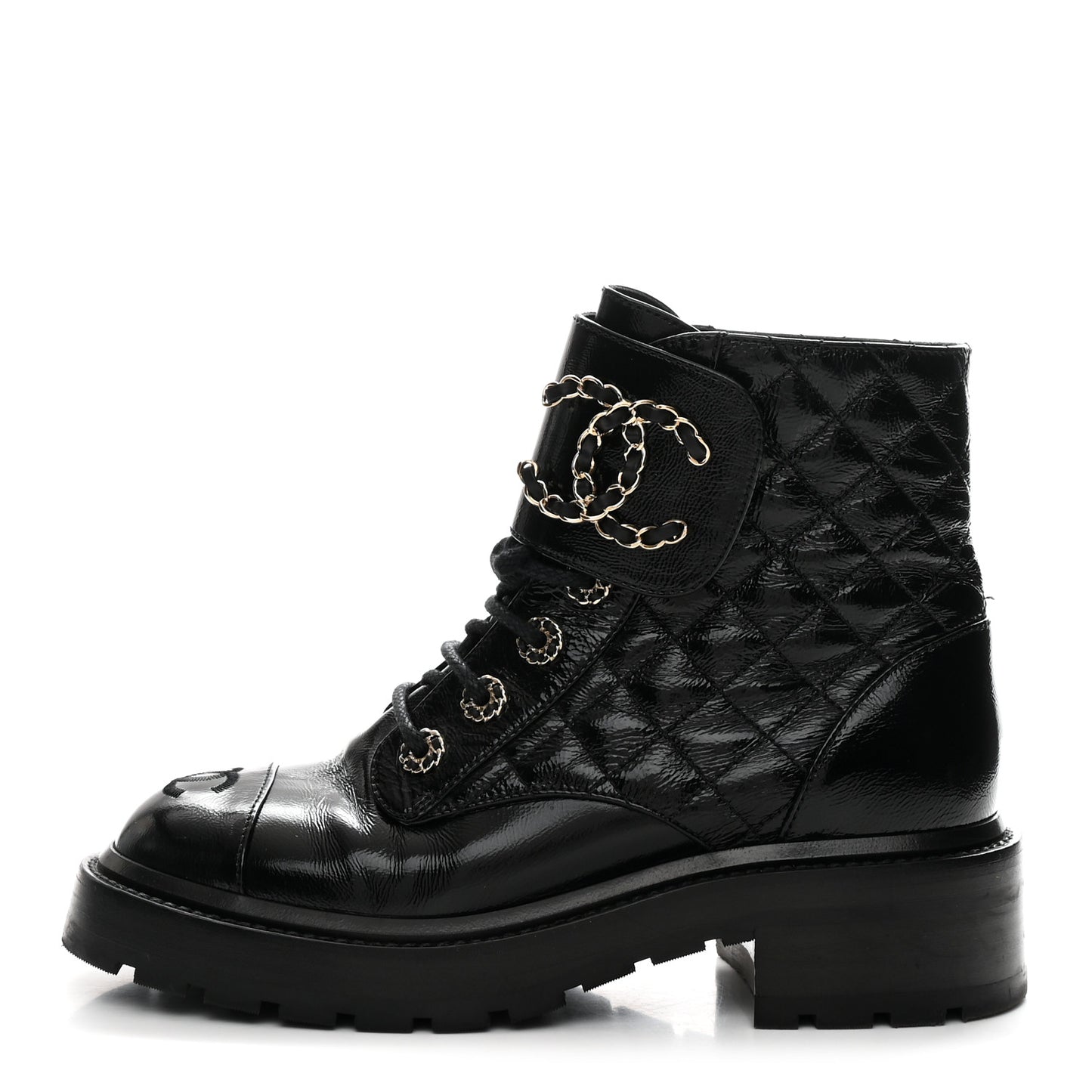 Shiny Calfskin Quilted Lace Up Combat Boots 36 Black