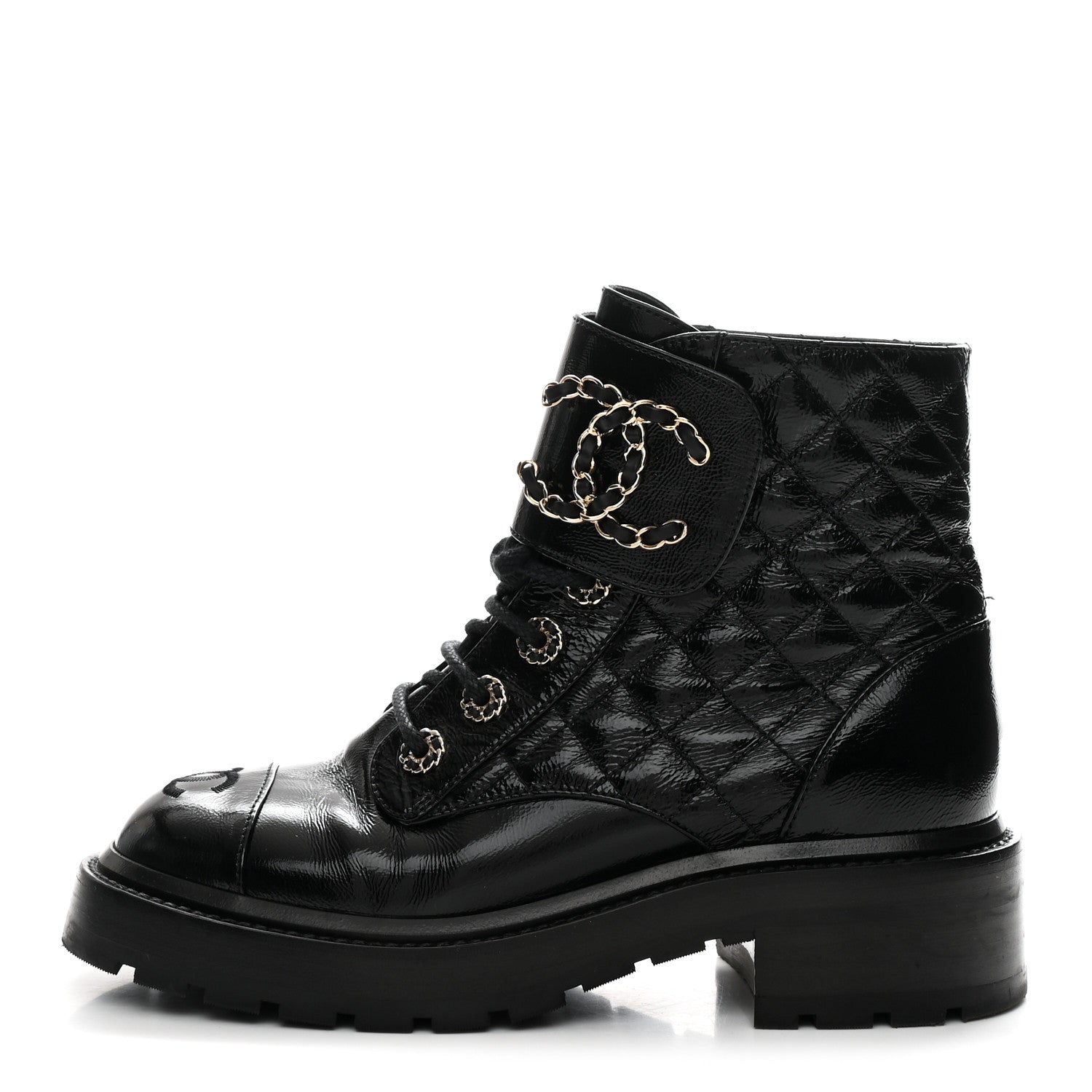 Chanel Shiny Calfskin Quilted Lace Up Combat Boots 36 Black 1 of 9