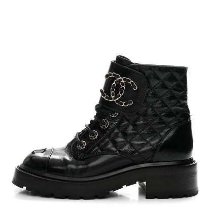 Chanel Shiny Calfskin Quilted Lace Up Combat Boots 36 Black 1 of 9