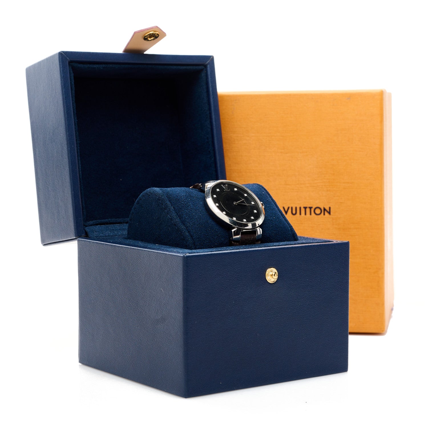 Louis Vuitton Stainless Steel Monogram Diamond 33mm Tambour Slim Quartz Watch Black 5 of 5