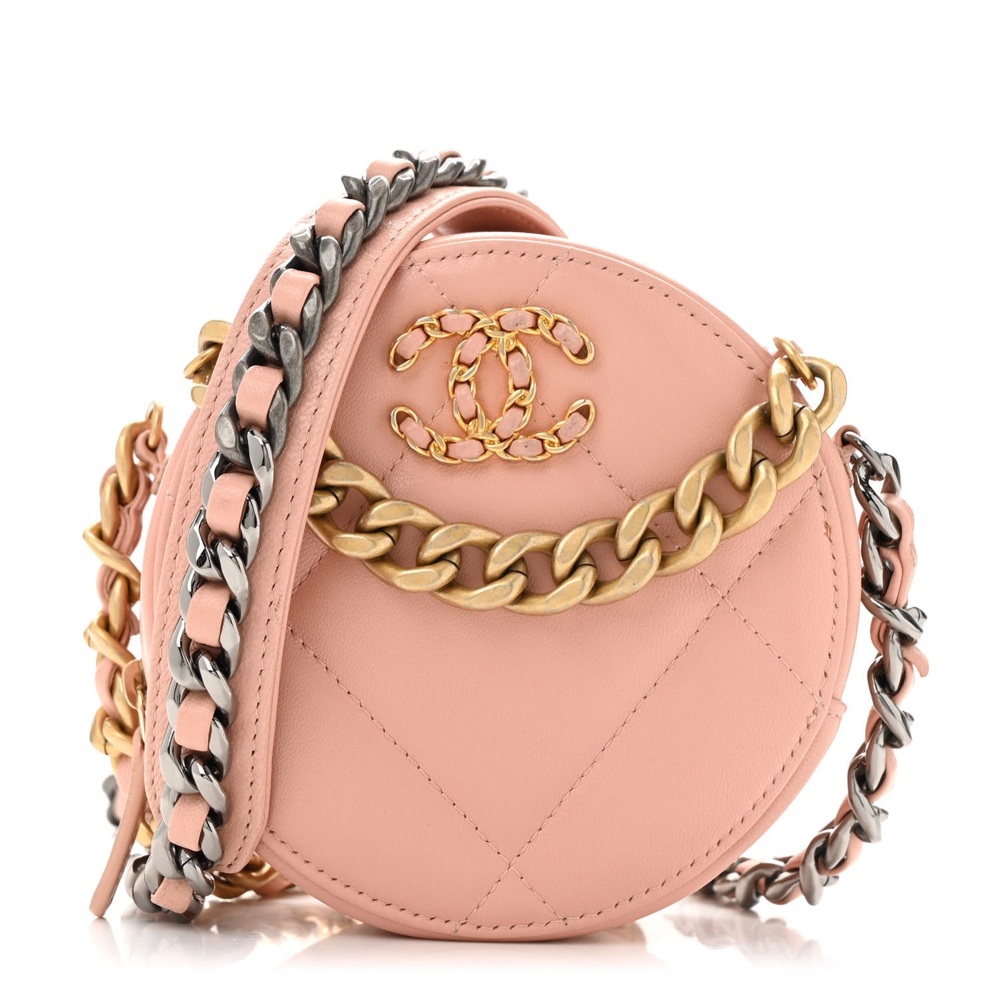 Lambskin Quilted Chanel 19 Round Clutch With Chain Light Pink