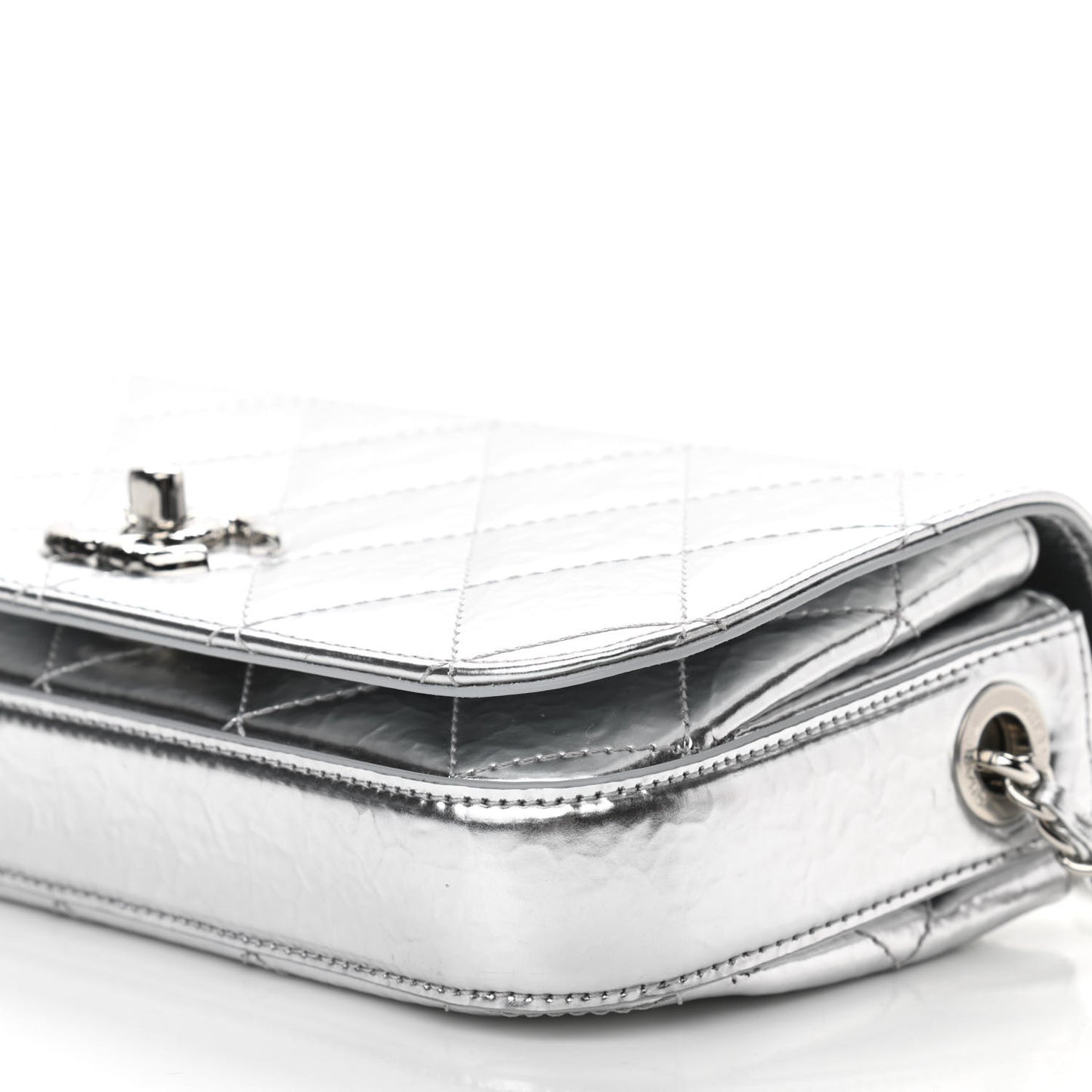 Hammered Metallic Calfskin Quilted Flap Silver