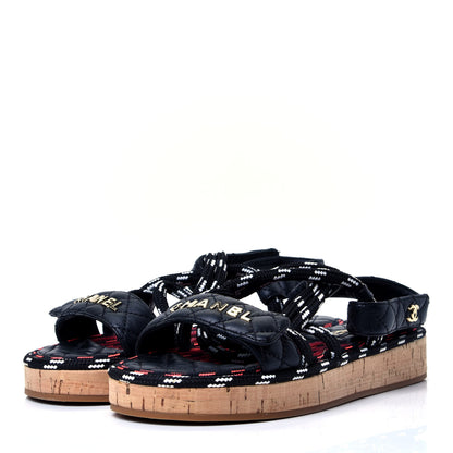 Chanel Cord Lambskin Quilted Logo Sandals 38 Black White 4 of 10