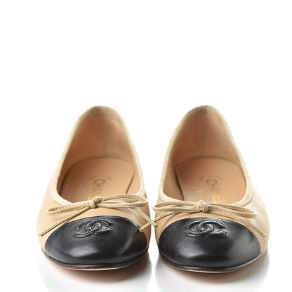 Chanel Lambskin Cap Toe CC Ballerina Flats 36 Beige Black 2 of 18