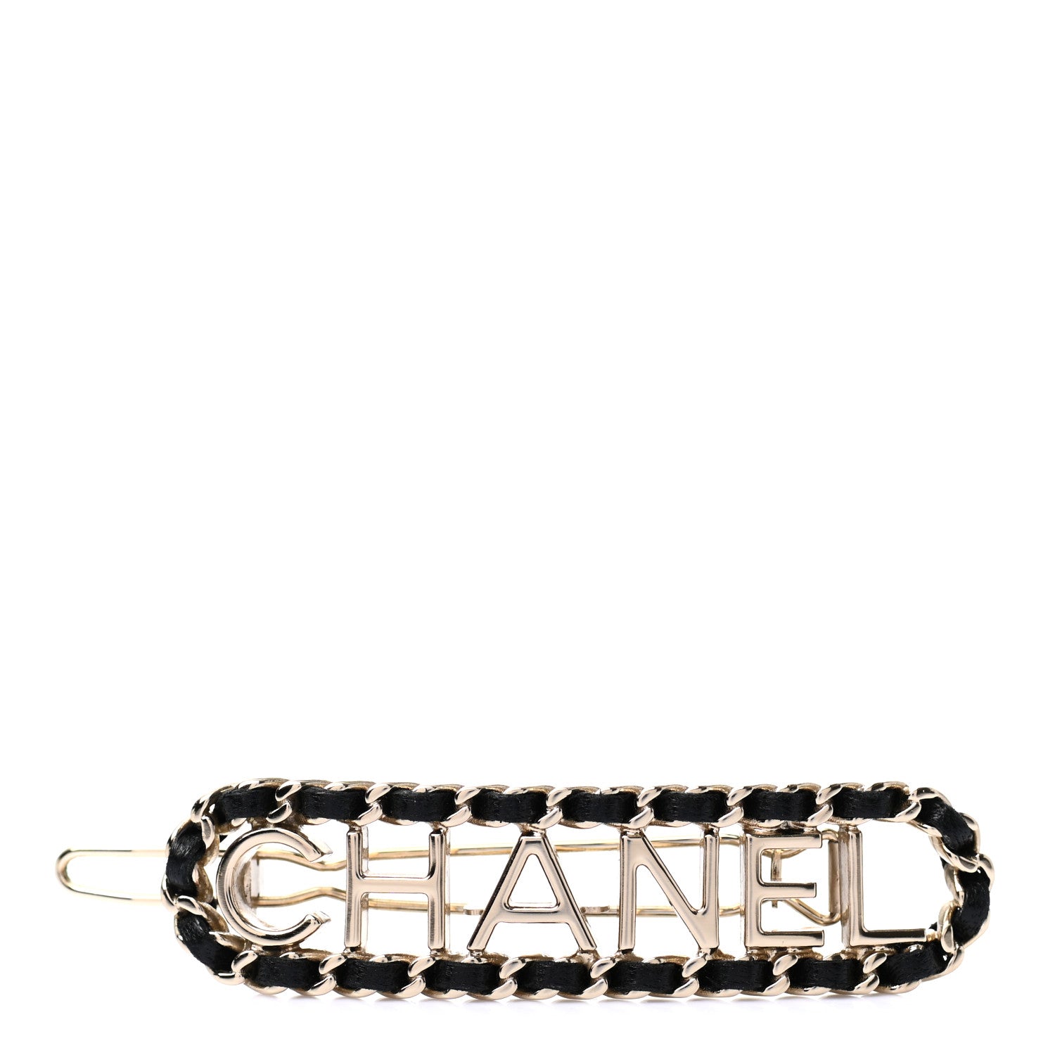 Chanel Metal Lambskin Vintage Allure Logo Hair Clip Black Gold 1 of 3