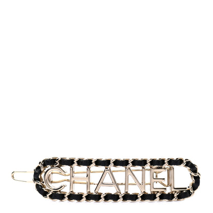 Chanel Metal Lambskin Vintage Allure Logo Hair Clip Black Gold 1 of 3