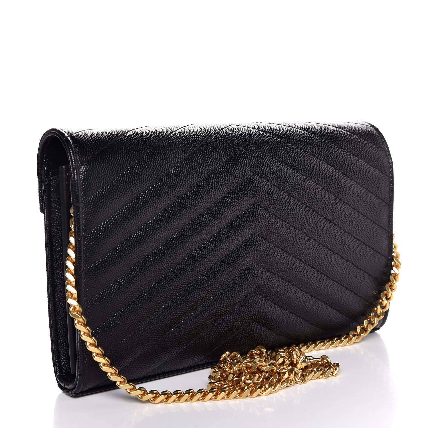 Saint Laurent Grain De Poudre Matelasse Chevron Monogram Chain Wallet Black 3 of 8
