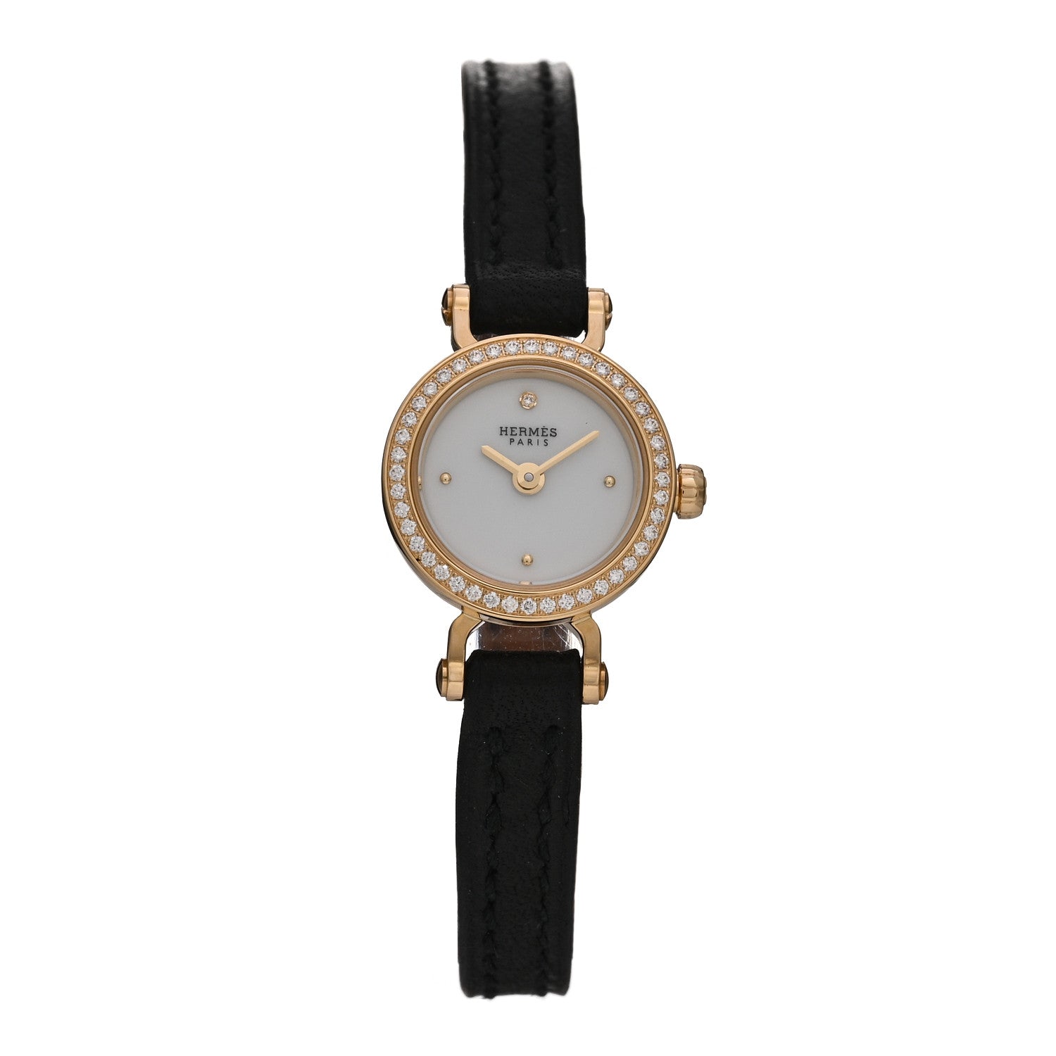 Hermes 18K Yellow Gold Barenia Diamond 16mm Faubourg Quartz Watch Noir 1 of 5