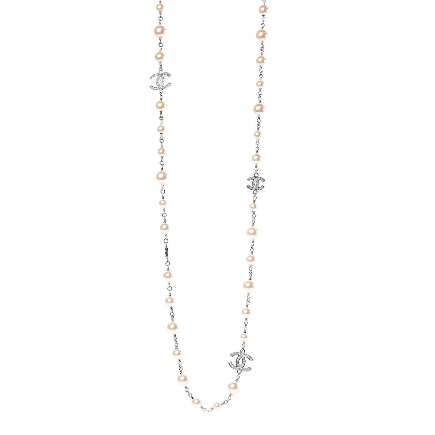 Crystal Pearl CC Long Necklace Silver