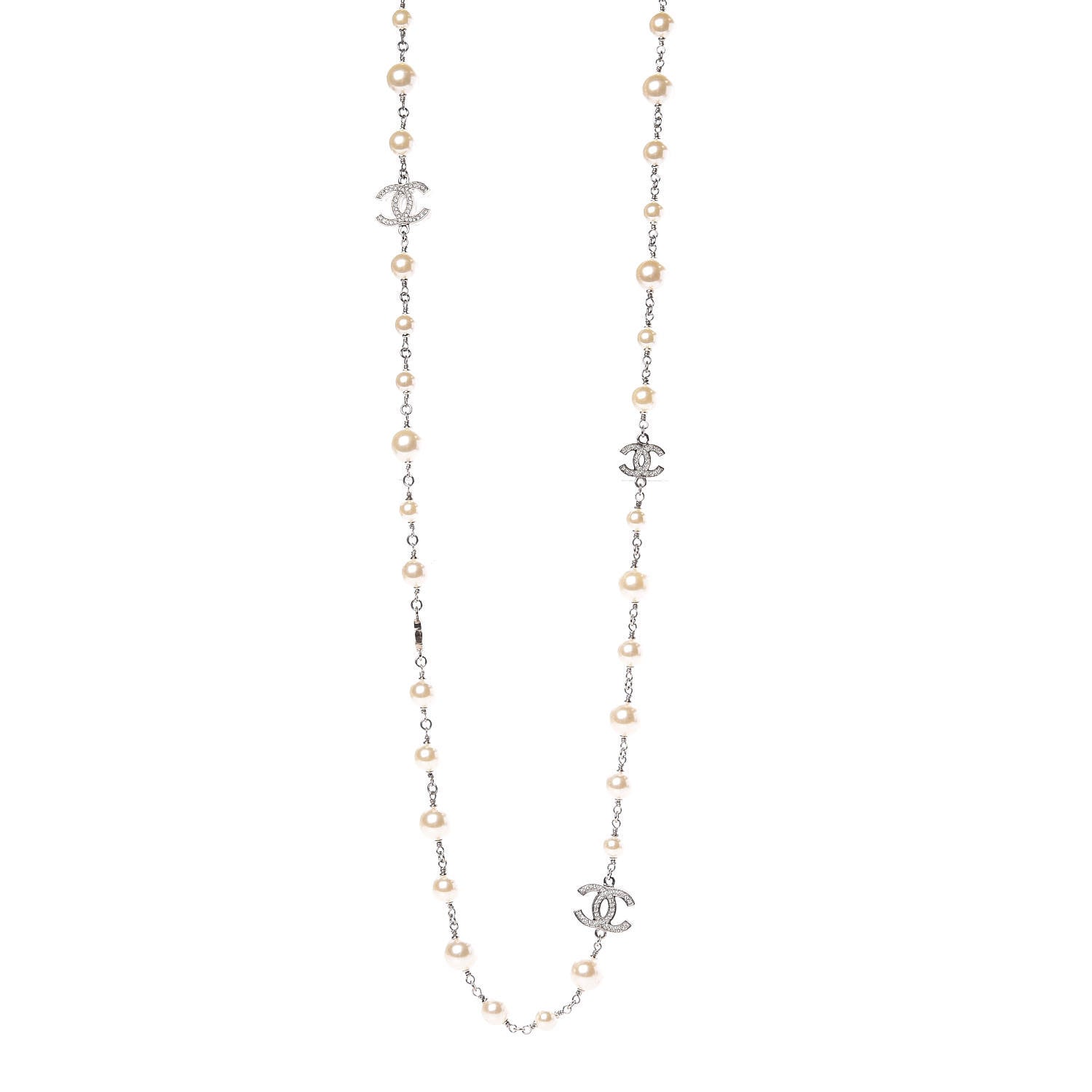 Chanel Crystal Pearl CC Long Necklace Silver 1 of 6