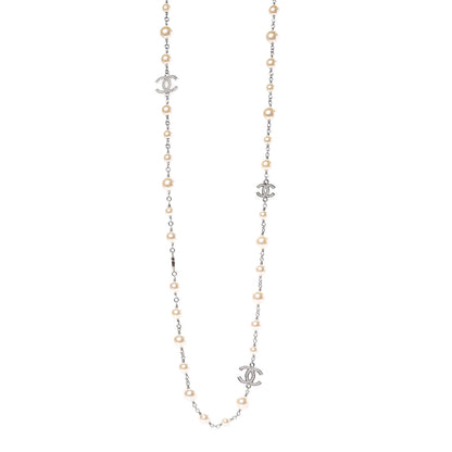 Chanel Crystal Pearl CC Long Necklace Silver 1 of 6