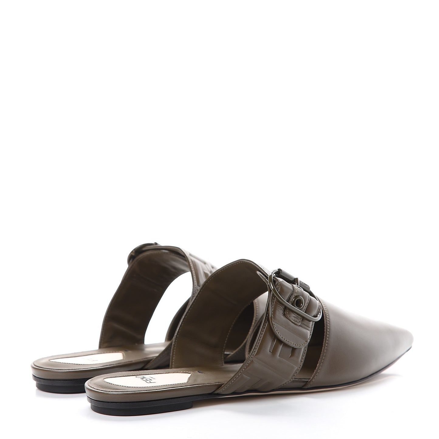 Vitello FF Embossed Buckle Flat Mules 39.5 Wood
