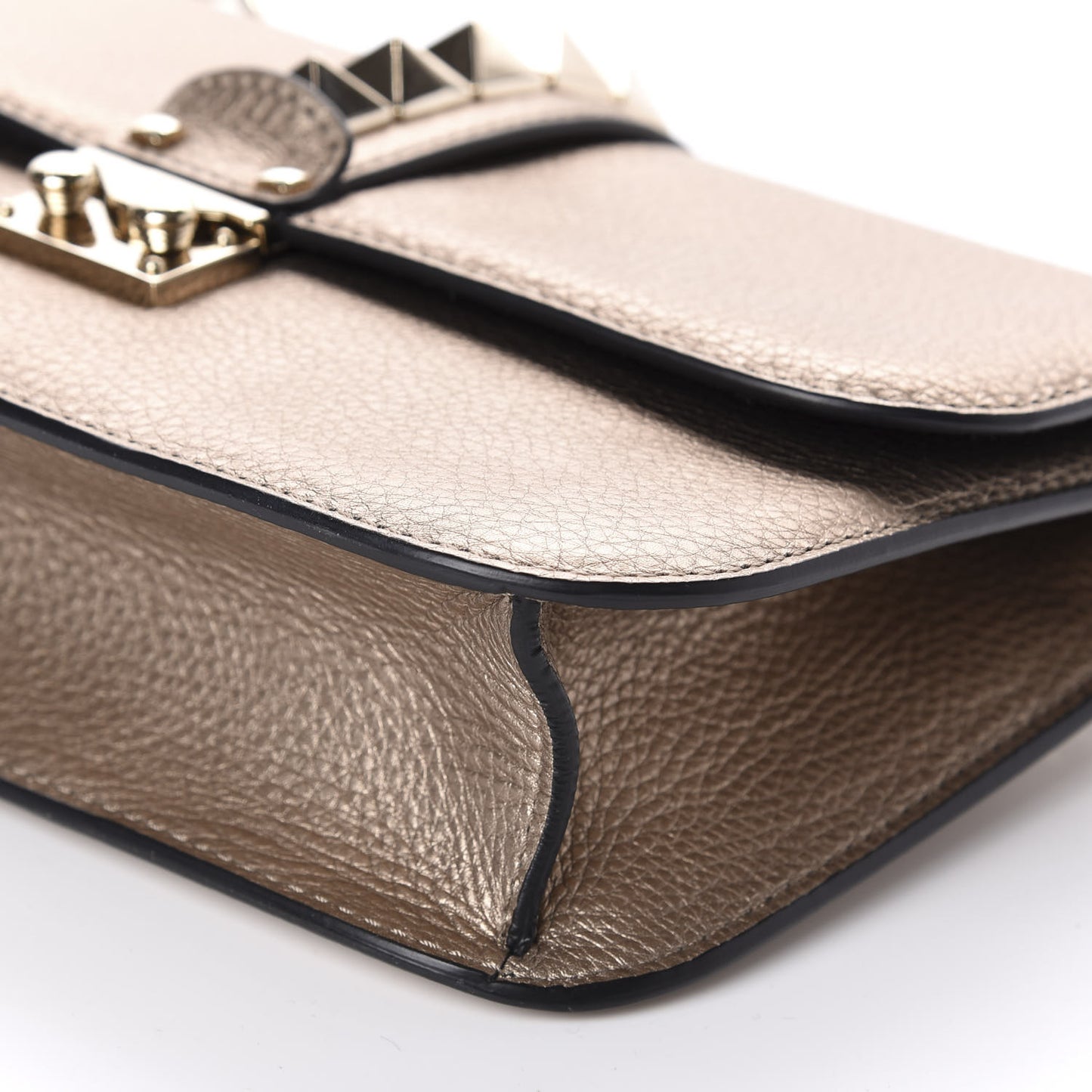 Metallic Grained Calfskin Medium Glam Lock Rockstud Flap Platino