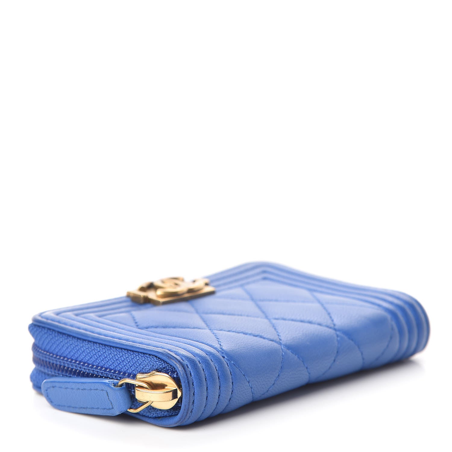 Chanel Lambskin Quilted Boy Zip Around Coin Purse Wallet Blue 4 of 12