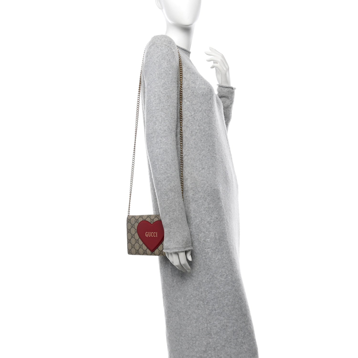 Gucci GG Supreme Monogram Script Logo Heart Wallet on Chain Beige Brown 2 of 10