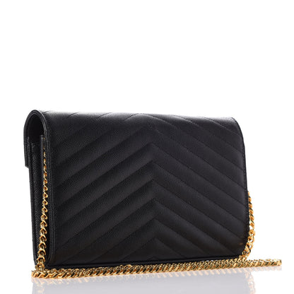 Saint Laurent Grain De Poudre Matelasse Chevron Monogram Chain Wallet Black 3 of 10