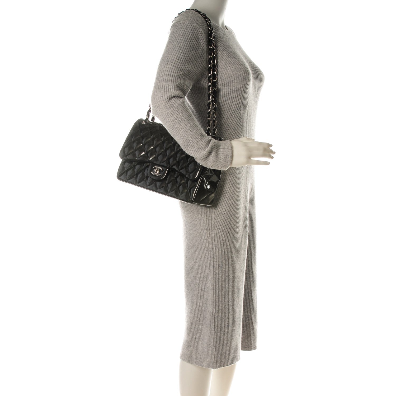 Chanel Striated Patent Quilted Jumbo Double Flap Black 2 of 8