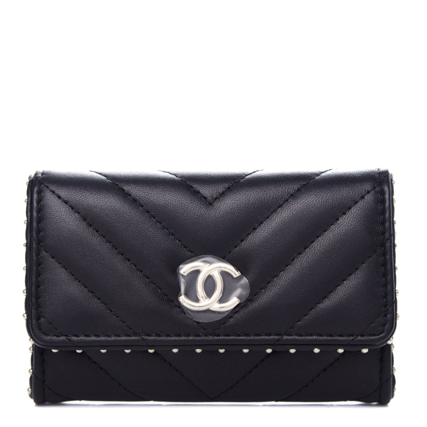 Lambskin Chevron Quilted Studded Card Holder Black