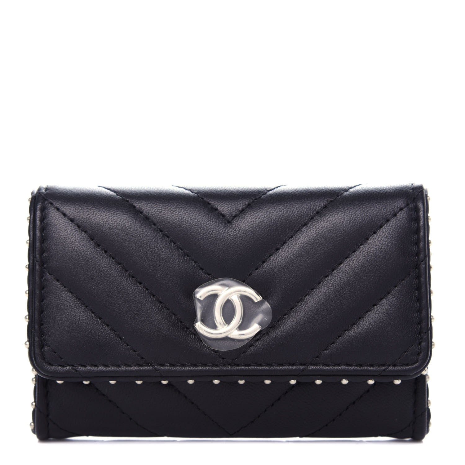 Chanel Lambskin Chevron Quilted Studded Card Holder Black 1 of 9