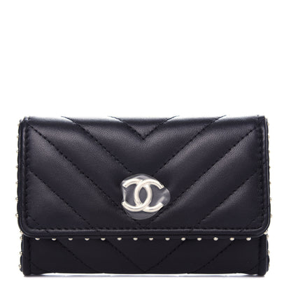 Chanel Lambskin Chevron Quilted Studded Card Holder Black 1 of 9