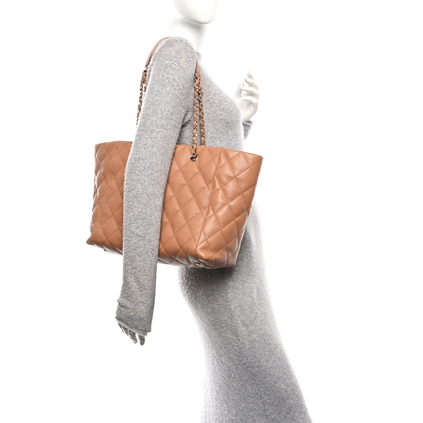 Caviar Quilted Large Shopping Tote Dark Beige