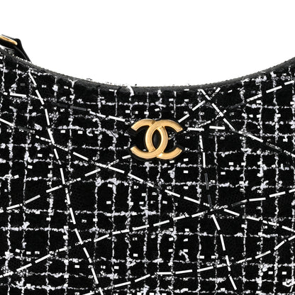 Chanel Tweed Sequin Quilted Trendy Chain Around Hobo Black White 8 of 11