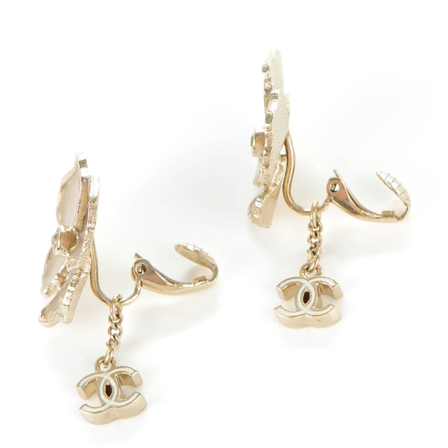 Enamel Crystal CC Camellia Drop Clip On Earrings Pink Gold