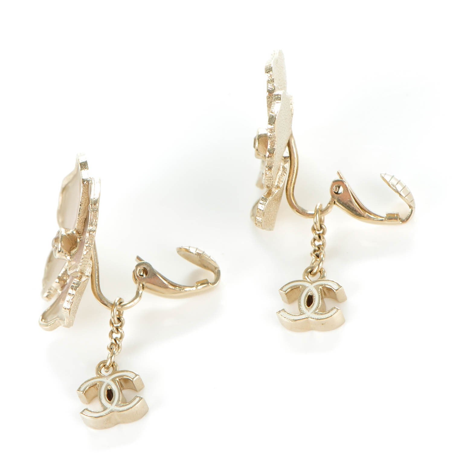 Chanel Enamel Crystal CC Camellia Drop Clip On Earrings Pink Gold 3 of 5