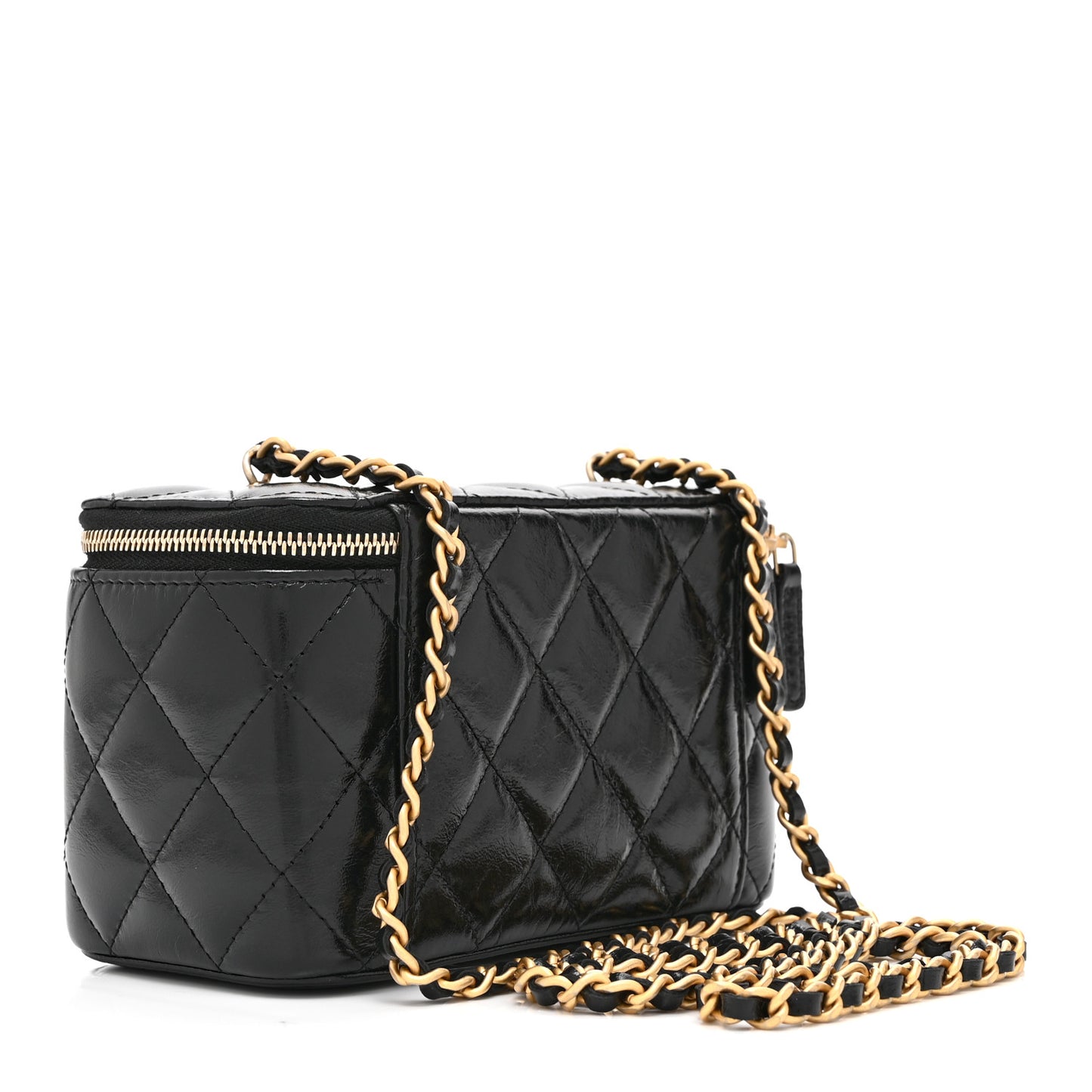Shiny Lambskin Quilted Small Vanity Case With Chain Black