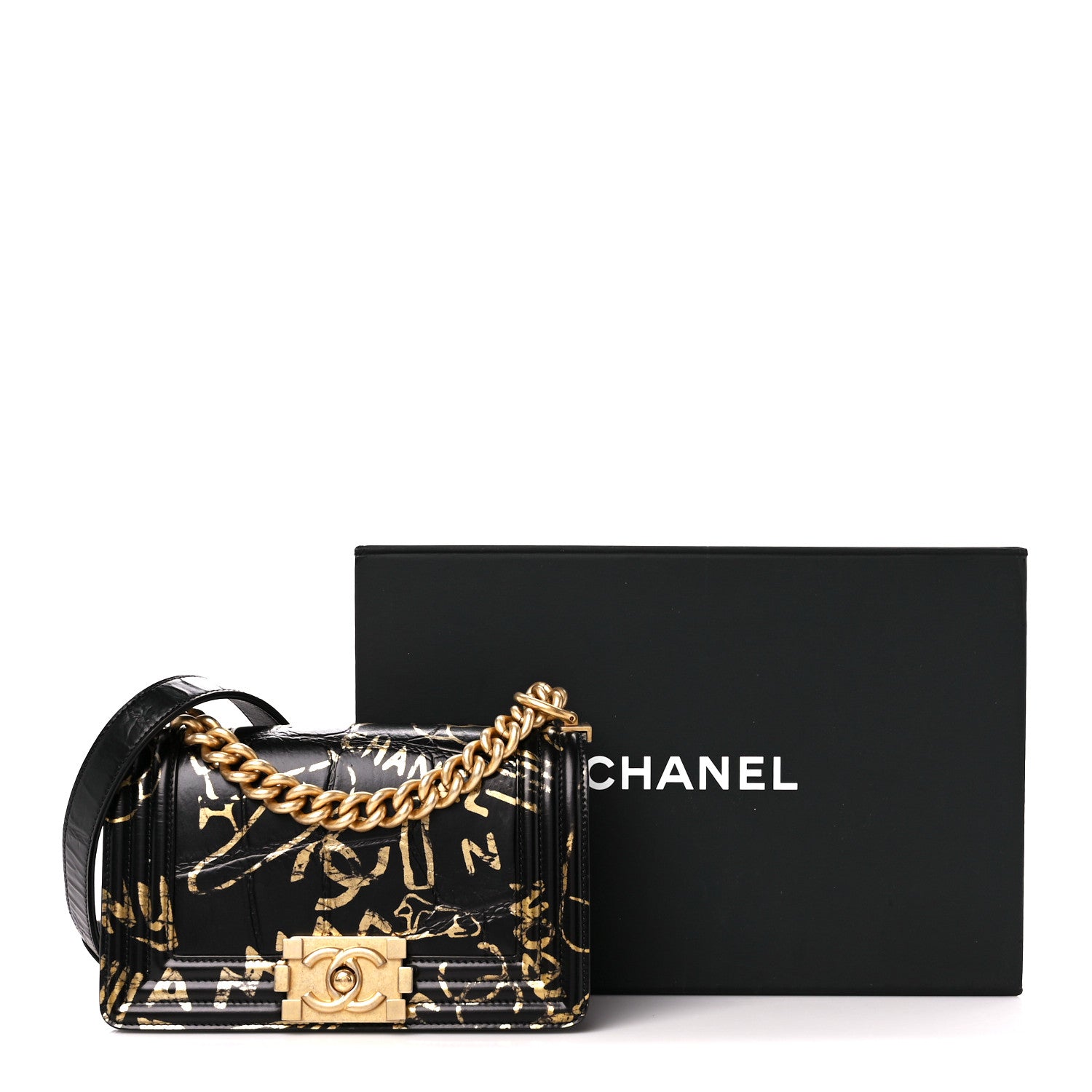 Chanel Calfskin Crocodile Embossed Graffiti Cocodile Small Boy Flap Black Gold 11 of 11