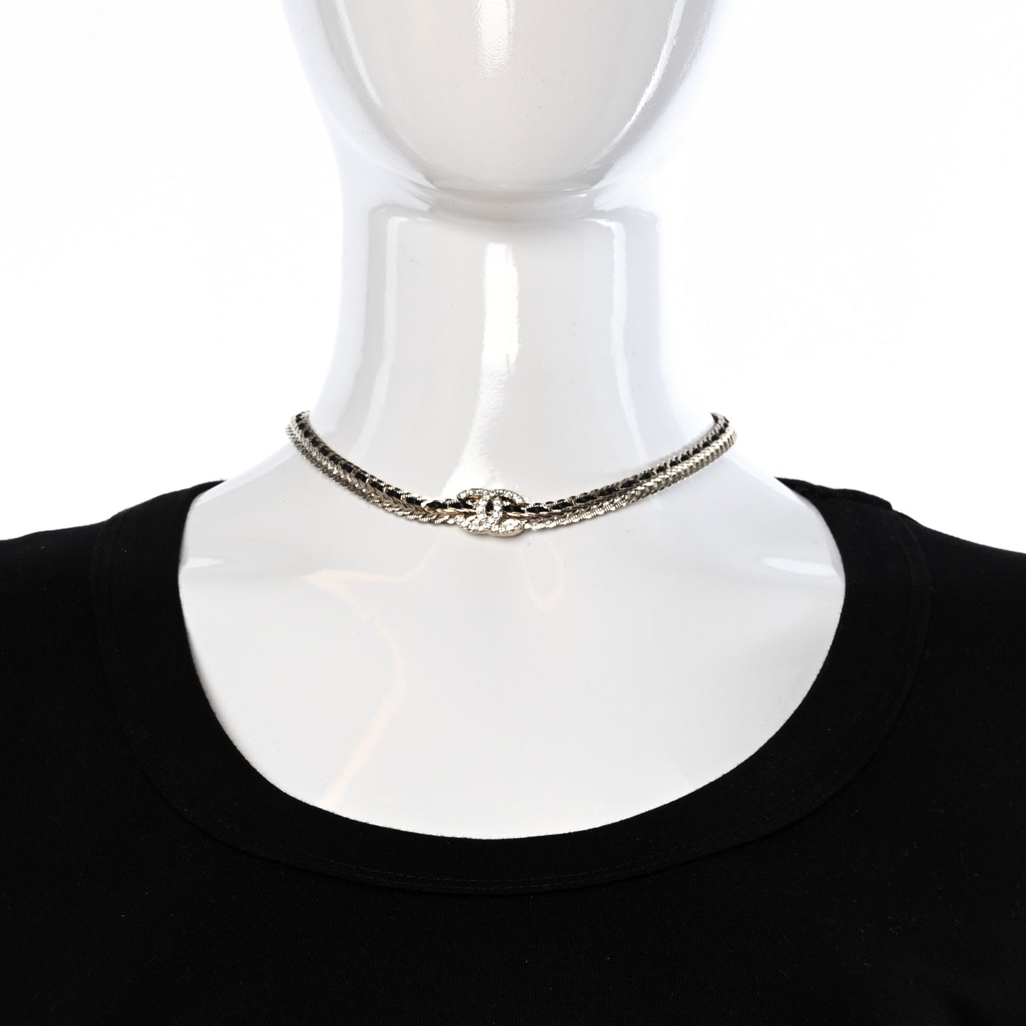 Metal Lambskin Crystal Chain CC Necklace Black Gold