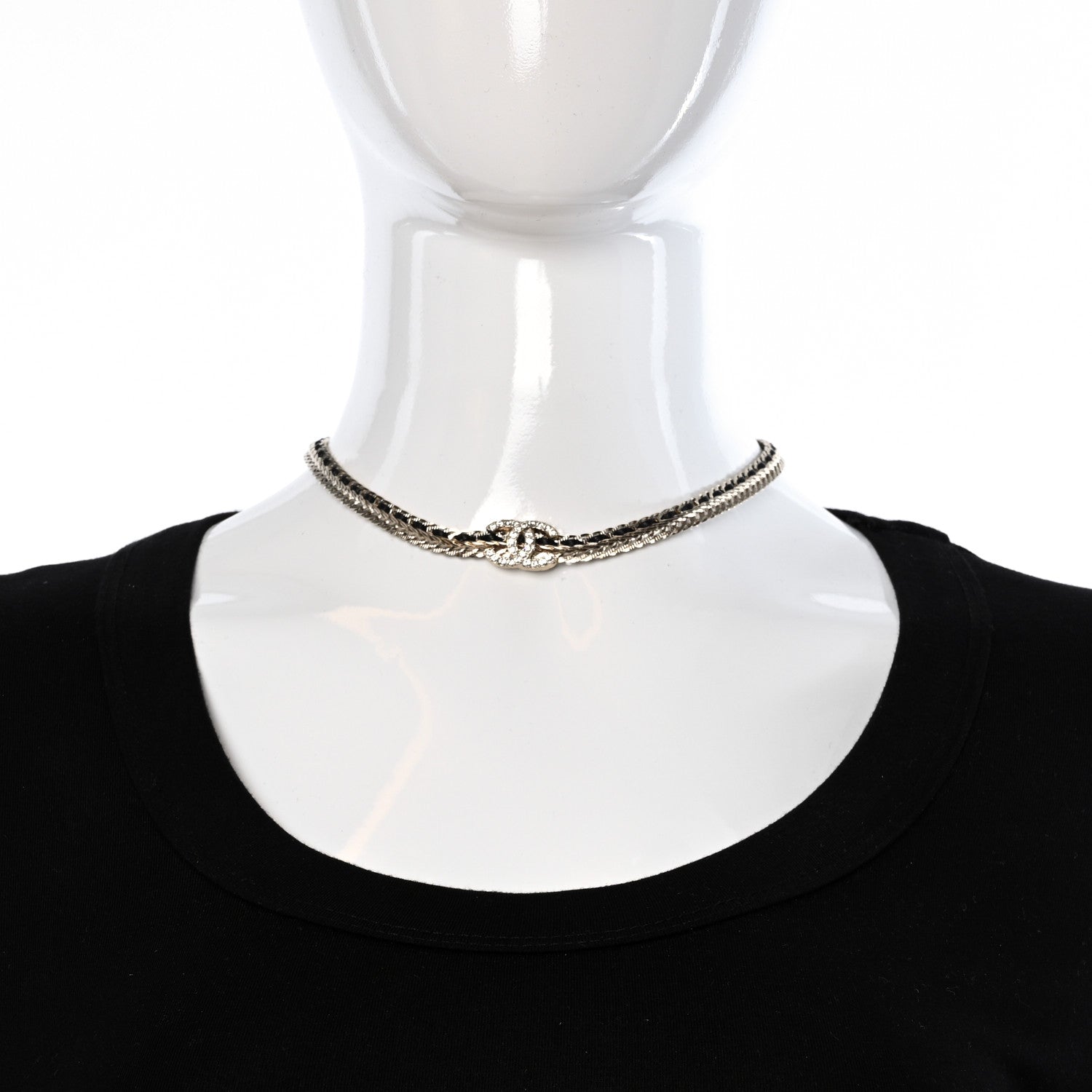 Chanel Metal Lambskin Crystal Chain CC Necklace Black Gold 3 of 4