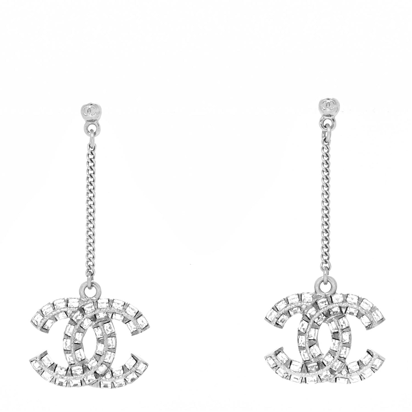 Baguette Crystal CC Drop Earrings Silver