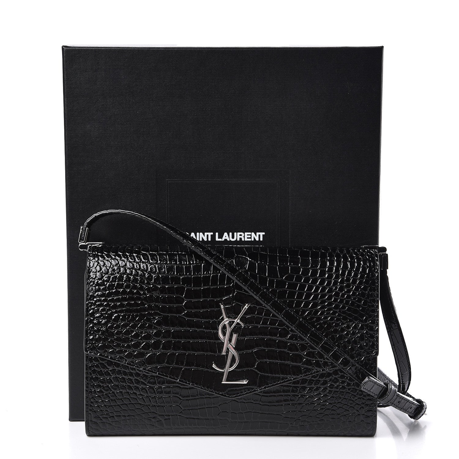 Saint Laurent Calfskin Crocodile Embossed Monogram Uptown Crossbody Black 11 of 11
