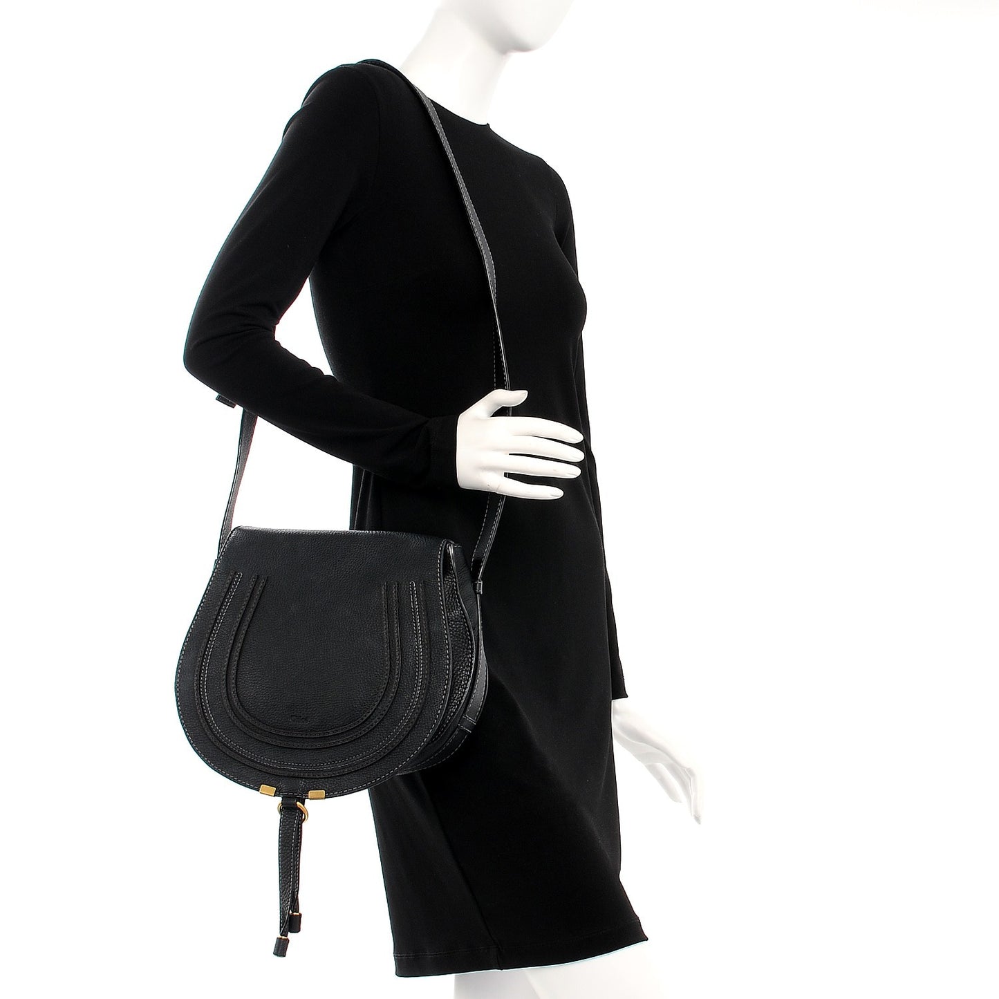 Calfskin Medium Marcie Round Crossbody Bag Black